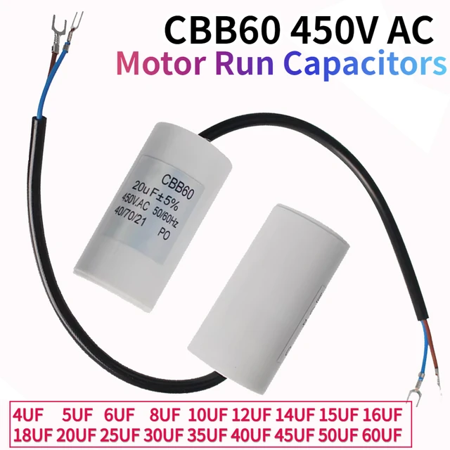 1pc CBB60 Motor Run Capacitors 450VAC Starting Capacitor 5% for Washing Machine 450V 3UF 4UF 5UF 6UF 8UF 10UF 12UF 15UF 18UF 20U
