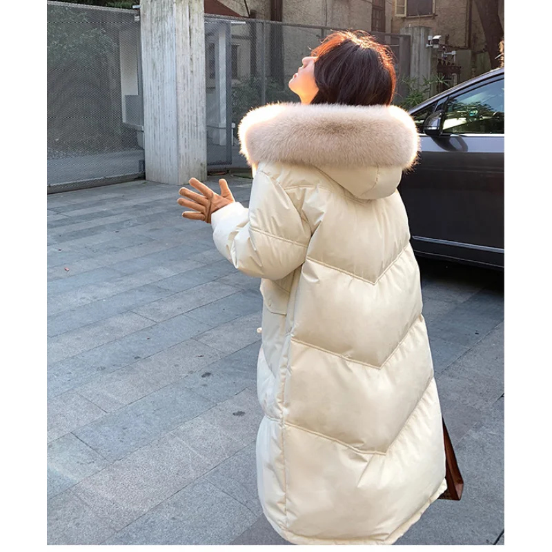 Fox Fur Collar Down Jackets Hooded Women Winter Fashion Horn Button Thickened White Duck Coats Straight Pocket Windproof Cuffs