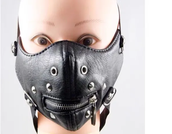 Men Women's Black Red PU Leather Rivet Zipper Rock Mask Lady's Breathable Party Cosplay Halloween Mouth-muffle R1949