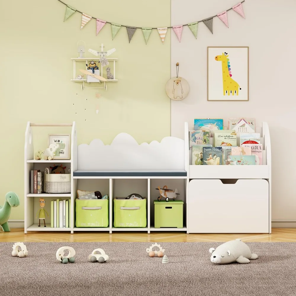 67" Kids Reading Nook with Bench, Toy Storage Organizer, 6 Cubbies & Movable Drawers, Bookshelf for Playroom Bedroom