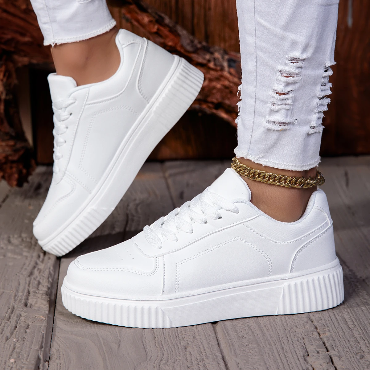 ZERJER Unisex Sneakers, New Arrival Large Size Classic Retro Men's Sports Skate Shoes, White Thick-Soled Tennis Shoes, Solid Col 5