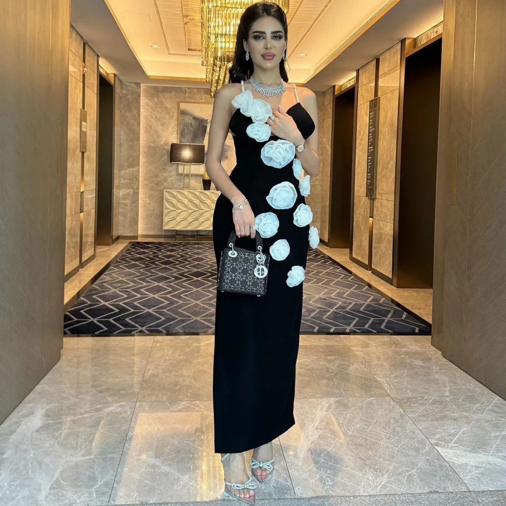 Evening Saudi Arabia Charmeuse Pearl Flower Homecoming Sheath Spaghetti Strap Bespoke Occasion Gown Midi Dresses