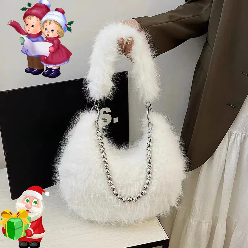 Luxurious Faux Fur Tote Bag Chic Underarm Shoulder Bag Stylish Handbag & Purse with Pearl Chain Strap, Polyester Lined Interior