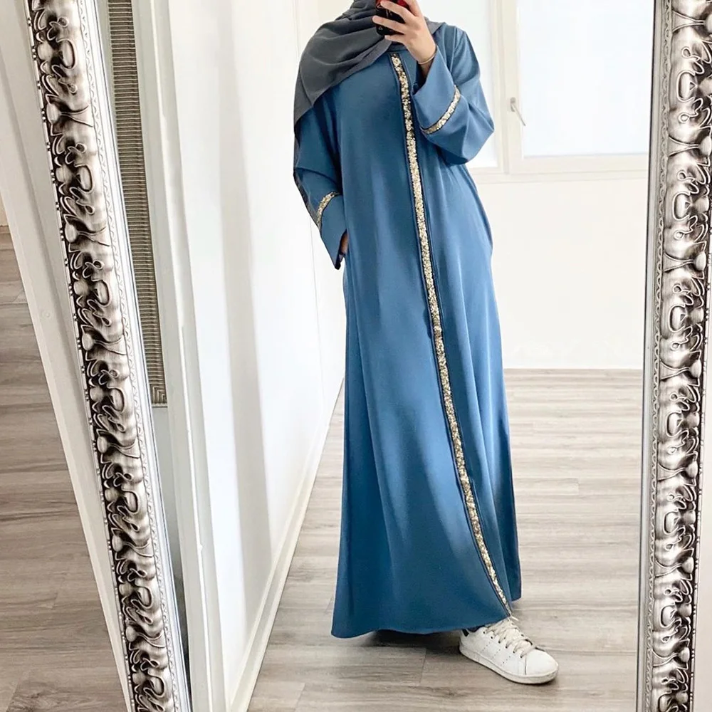 Malaysian Muslim Women's Robes 2023 Autumn Solid Patchwork Sequined Black Kaftans Long-Sleeved Pullover Islamic Abaya Lady Dress