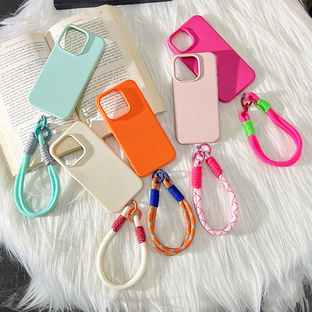 Cute Candy Leather Texture With Wrist Strap Case For iPhone 17 Air 16 15 14 11 12 13 16 Pro Max 16 Plus Solid Color Soft Cover 3