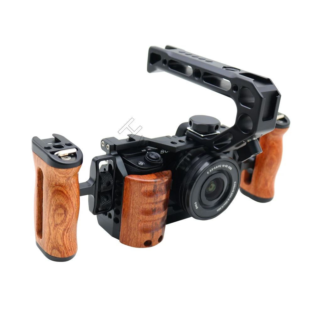 

DSLR Camera Wooden Handle Grip HandGrip with Cold Shoe for Sony A6300/A6400/A6500/A6000 Camera Cage For Rig Mic Video LED Light