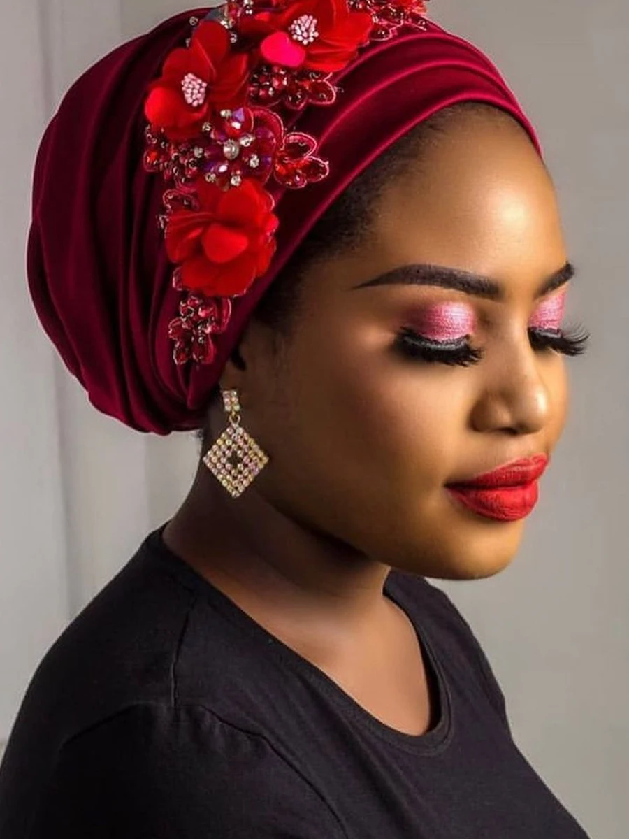 African Party Headwear Lady Head Wrap Bonnet Cappello Hijab Musulmano Turbante Mujer Elegante Fiore Diamanti Berretto Turbante Da Donna