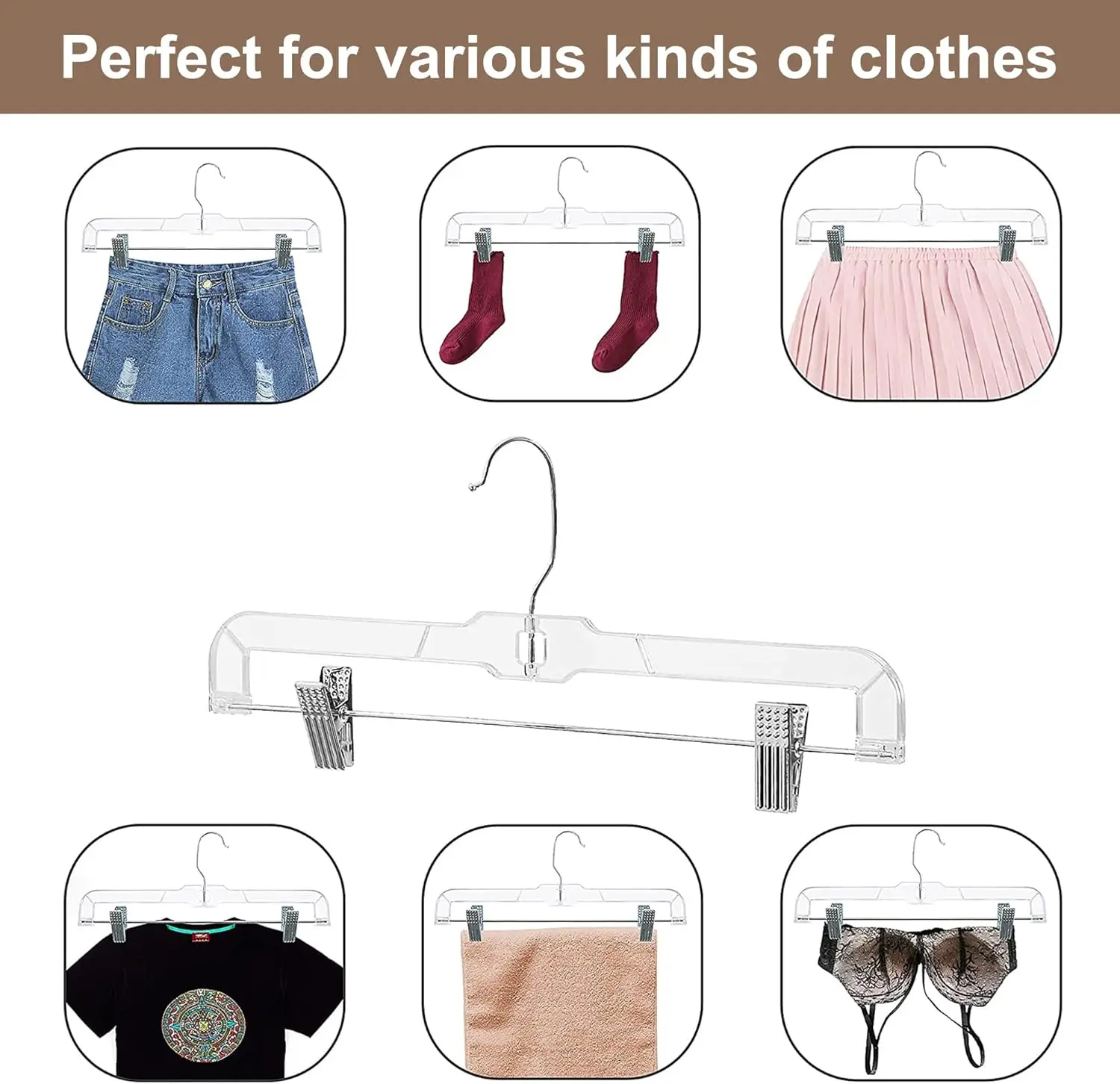 12 Pack 14 inch Clear Plastic Skirt Hangers with Adjustable Clips, Pants Hangers 360-Rotating Swivel Hook,Clip Hangers for Pants 4