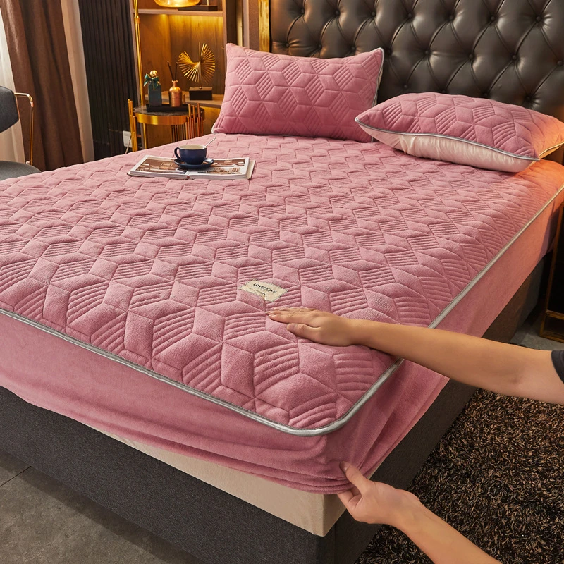 Thickened Solid Color Fitted Sheet Thick Mattres Cover Quilted Bed