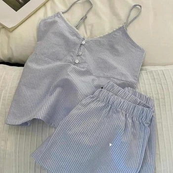 Suspender Shorts With Chest Pad Pajamas Set Women Summer Sweet Striped Home Clothes Suit 1