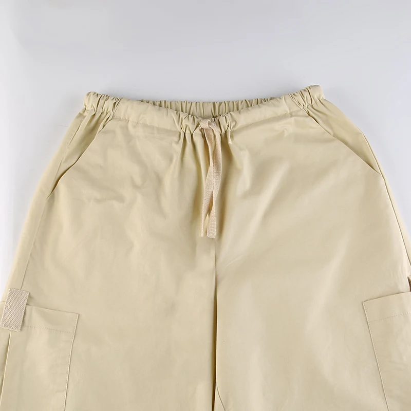 Weekeep Light Khaki Cargo Pants Streetwear 100% Cotton Big Pocket Patchwork Casual Pants Drawstring Low Waist Baggy Trouser Lady