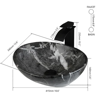 ZAPPO Marbling สี่เหลี่ยมผืนผ้าอ่างล้างจานพร้อมก๊อกน้ําท่อระบายน้ําเซรามิคอ่างล้างจานรูปไข่ห้องน้ําอ่างล้างจานชามด้านบนเคาน์เตอร์พร้อม Mixer Tap 2