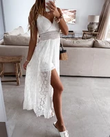 Summer V Neck Solid Color Lace Hollow-Out Sleeveless Sling Party Wear High Waist Rompers Holiday Casual White Women's Jumpsuit - Image 4