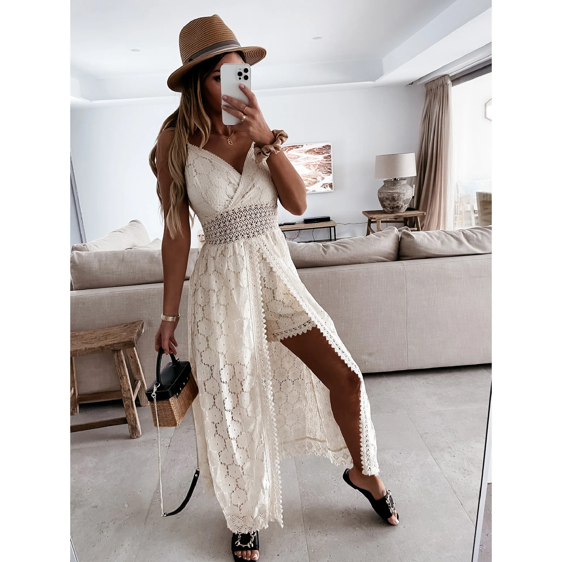 BKLD 2024 Summer New Sexy Spaghetti Strap V-Neck Patchwork Casual Rompers Vacation Outfits For Women Hollow Out Shorts Playsuits