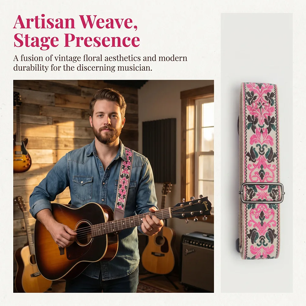 Embroidered Adjustable Guitar Strap with Leather Ends