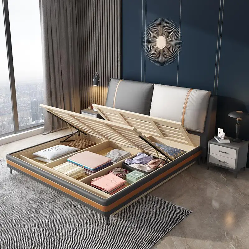 Light Luxury Nordic Leather Bed 1.8 Meters Double Modern Minimalist Master Bedroom Wedding Bed 1.5 Meters With Solid Wood Frame