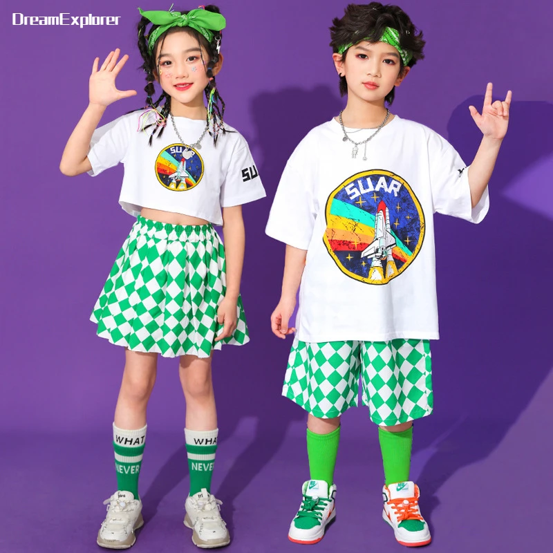 

Girls Hip Hop Crop Top Plaid Skirts Boys Print T-shirt Street Dance Colorful Shorts Child Summer Clothes Sets Kids Jazz Costumes