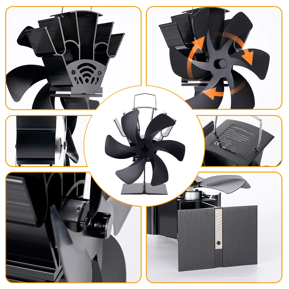 6-Blade Heat Powered Stove Fan for Wood / Log Burner / Fireplace increases  80%