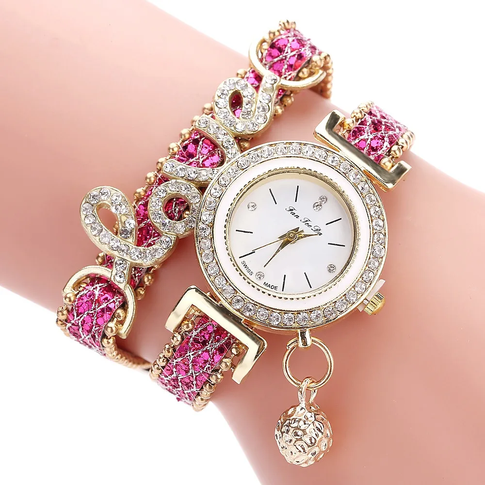 FanTeeDa Top Brand Women Bracelet Watches Ladies Love Leather Strap Rhinestone Quartz Wrist Watch Luxury Fashion Quartz Watch 