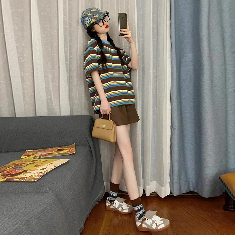 여름 유행 복고풍 줄무늬 짧은 소매 티셔츠와 반바지 임산부를위한 투피스 세트 한국 스타일 코튼 이너