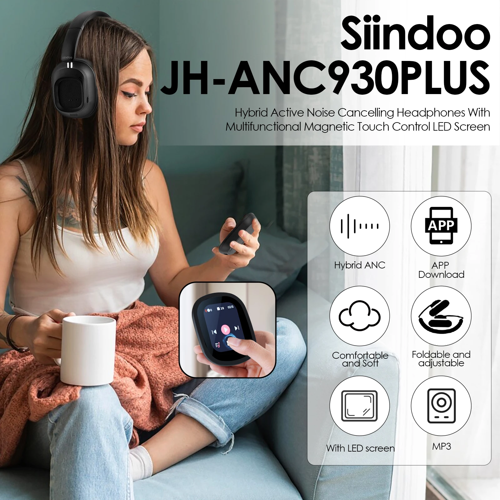 Siindoo NEWEST ANC930Plus Hybrid ANC Wireless Headphone, With Multi Magnetic Touch Control LED Screen AND APP Download 1GB MP3 2