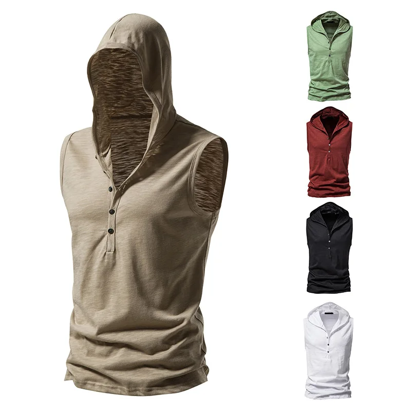 

Men's Summer Men Gym Clothing Bodybuilding Sleeveless Hoodies Solid Color Hooded Casual Workout Muscle Button Shirt Tank Tops
