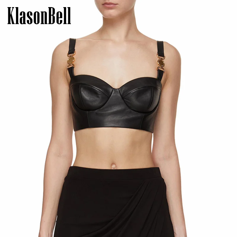 

10,26 KlasonBell роскошный комплект из топа на молнии из натуральной овечьей кожи с тонкими бретельками или юбки с высокой талией и золотыми пуговицами для женщин