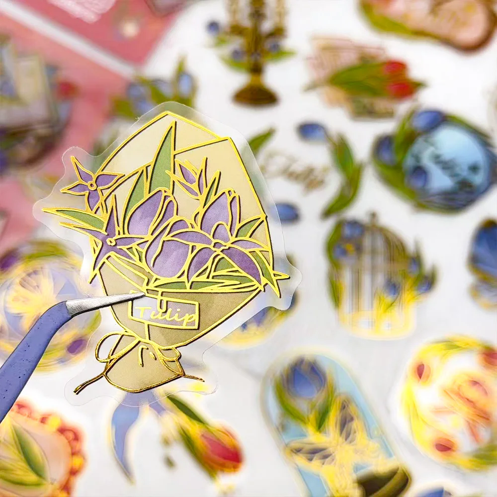 50개 튤립 위스퍼 골드 스탬핑 PET 스티커 데칼 (휴대폰, 스크랩북, 스케이트보드, 여행 가방, 헬멧 DIY, 미적 감각 스티커)