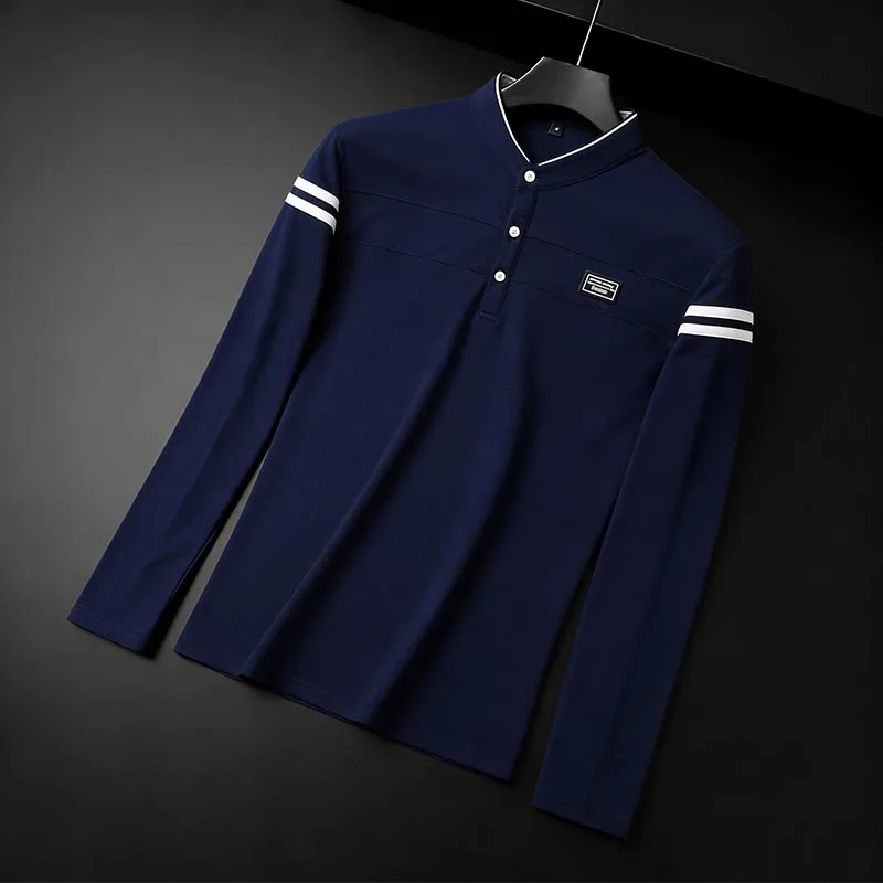 Herren Schwarzes Langarm-Poloshirt mit Stehkragen, Knopfleiste und Gestreiften Ärmeln für Alltägliche Freizeitkleidung – Detail 20