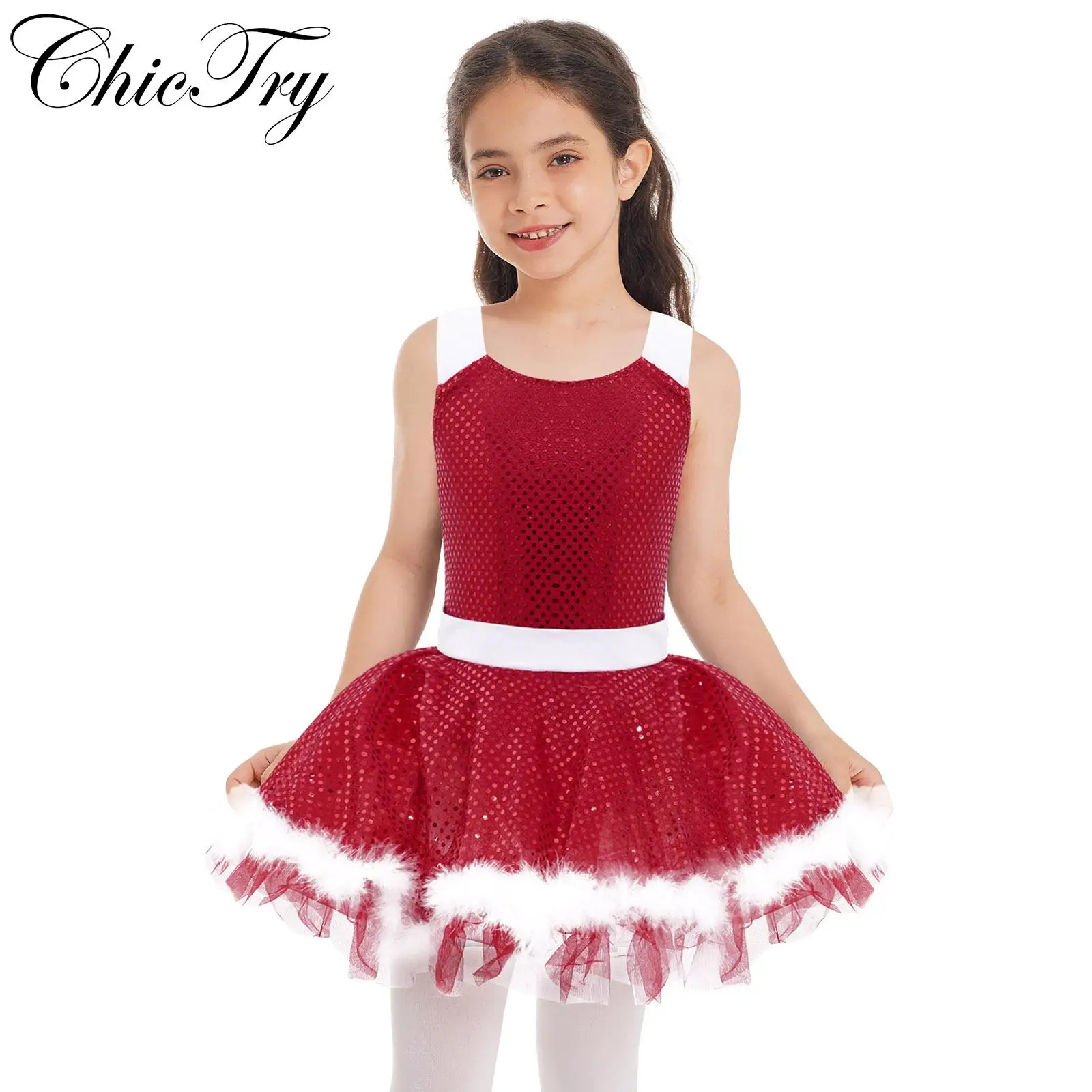 

2023 Girls Christmas Dress Kids Red Figure Skating Xmas Santa Claus Costumes Children New Year Clothing Ballet Party Tutu Dress