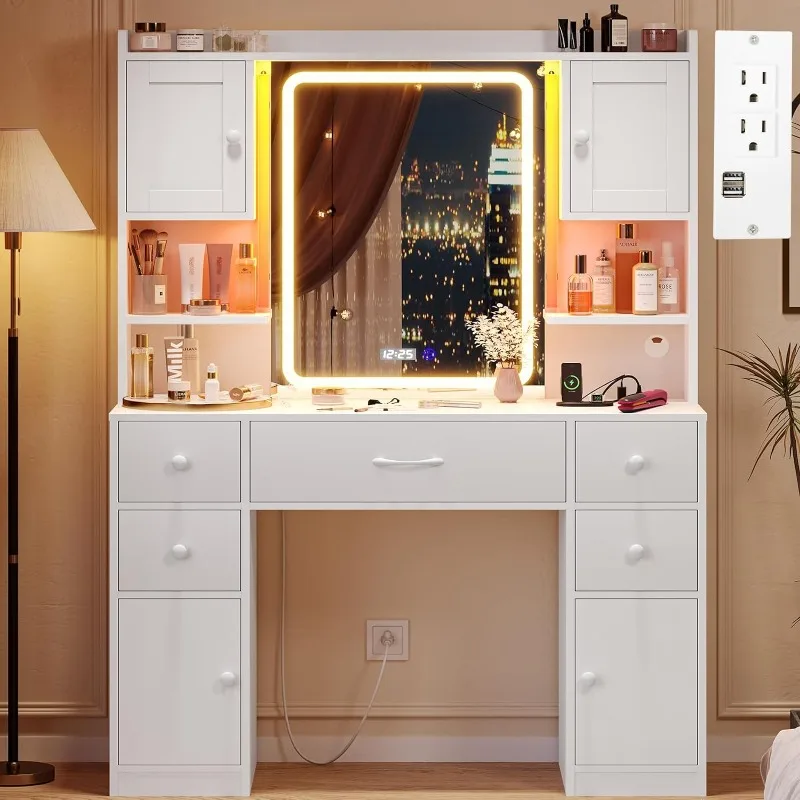 

Vanity Desk with Mirror and Lights, Large Makeup Vanity with Lights & Charging Station, Dressing Table with 5 Drawers 4 Cabinets