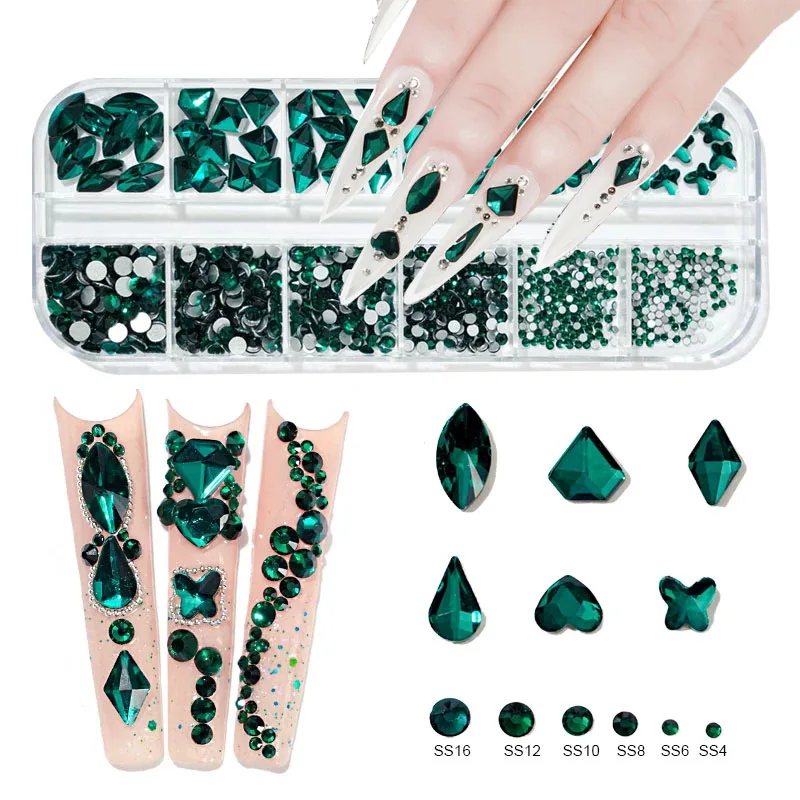 

10PcsX12Girds=120Pc/Box Nail Rhinestones Flatback Mix Shaped Charms For Nail Art Green/White/AB Manicure DIY Gems Charms 12Desig