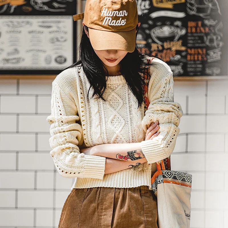 Maden Women's Vintage Sweater O-Neck Hollow Twist Rhombus Sweaters Beige  Cable Knitted Pullover Loose Jumper Pulls Short Tops - AliExpress