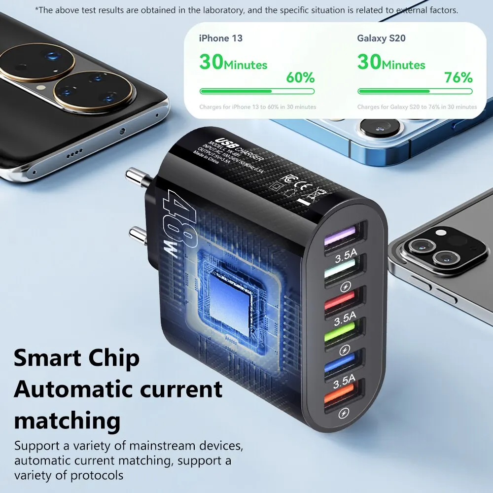 Fast Charging USB Adapter with 6 Ports for Mobile Phones