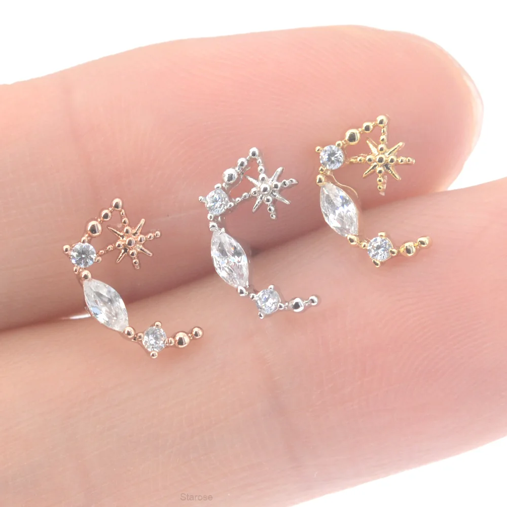 Starbeauty 2Pcs 0.8X 7Mm Star Tragus Piercing Moon Stud Orecchini Clear Zircone Lobe Helix Conch Piercing Jewelry Ball Screw Back