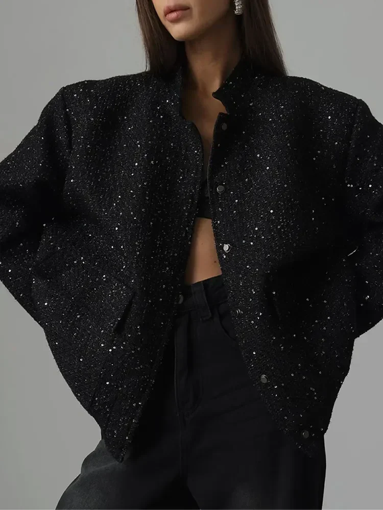

Женская модная блестящая золотистая куртка, Элегантное однобортное Укороченное пальто с двумя карманами, новинка 2024, шикарная Дамская уличная одежда