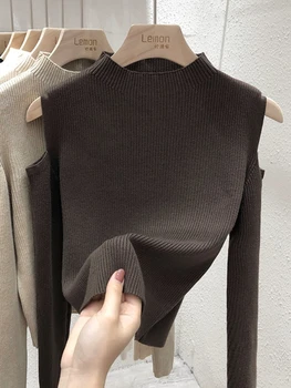 سترة نسائية موضة خريف وشتاء 2025 بدون أكتاف بلوفرات بلون سادة وأكمام طويلة مفرغة بياقة مدورة سترة نسائية 4