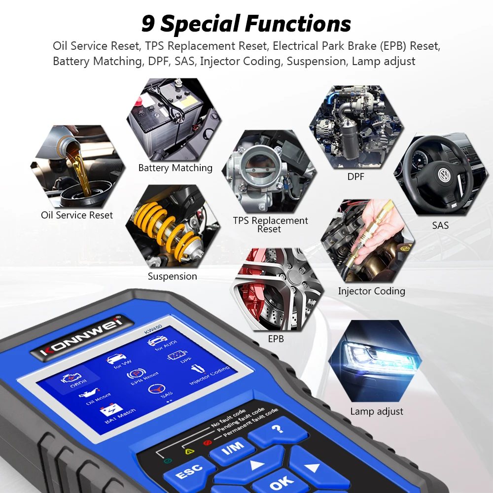 high quality auto inspection equipment KONNWEI KW450 OBDII Scanner Code Reader Engine Fault Reader Erase/Reset Fault Codes Diagnostic Scanner for VW A-udi Skoda best car battery charger