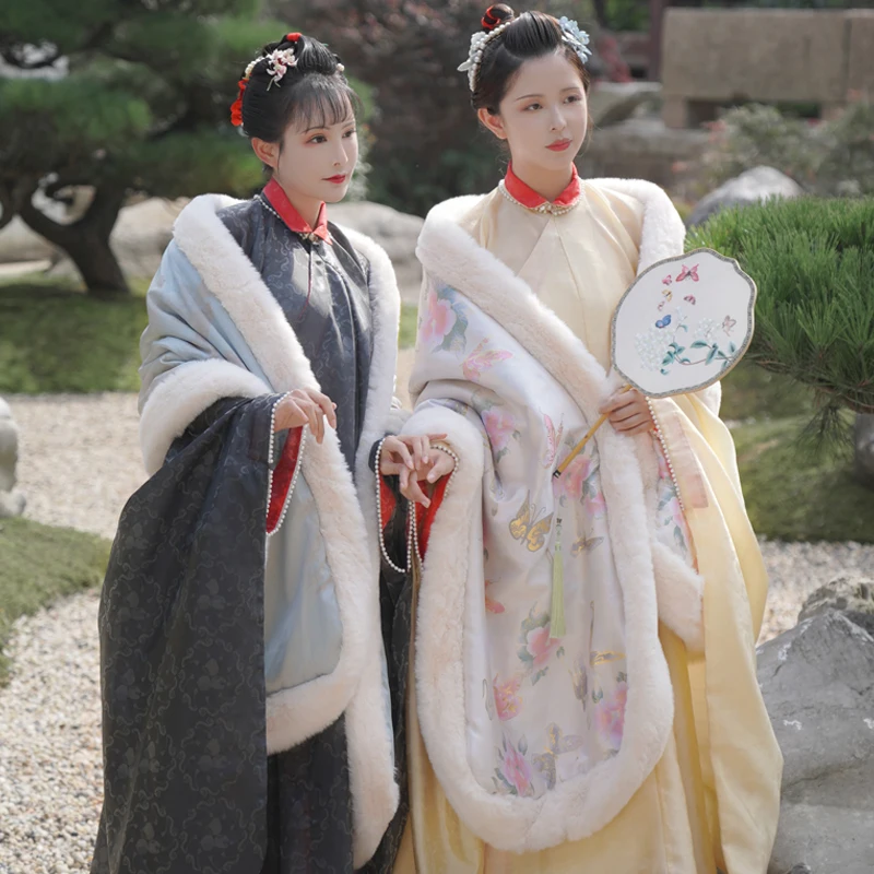 Butterfly Flower Shawl Han Chinese Clothing Cheongsam Imitation Rabbit Fur Brim Soft Autumn and Winter Warm