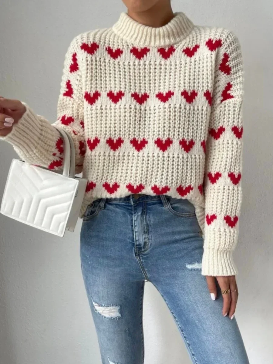 Kintted Sweater Women Heart O-neck Crochet Y2k Top Long Sleeve