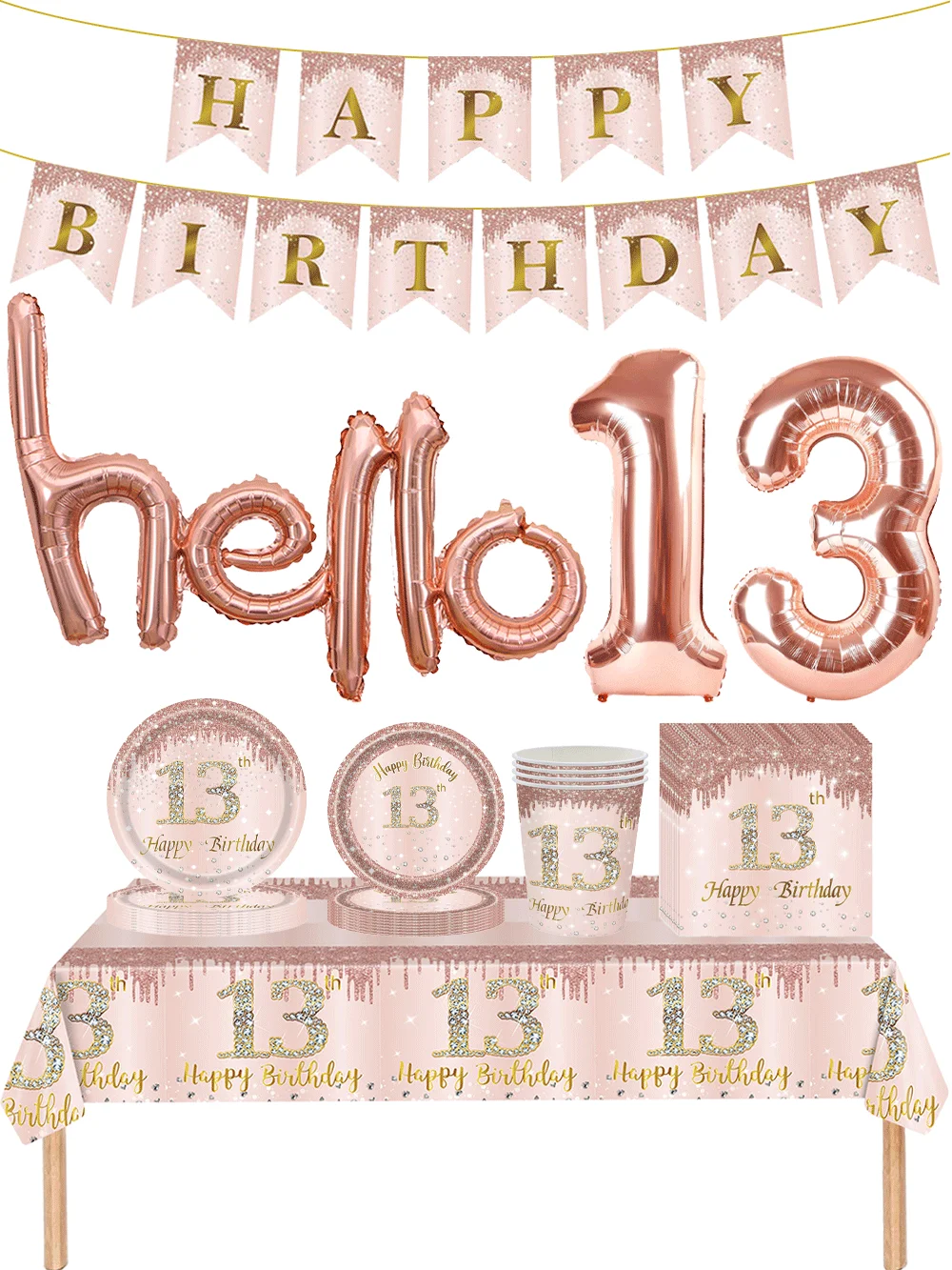 13. Geburtstags-Dekorationen für Mädchen Happy Birthday Teller Servietten Banner Hello13 Ballon 13-Jährige Mädchen Geburtstagsparty Zubehör – Detail 1