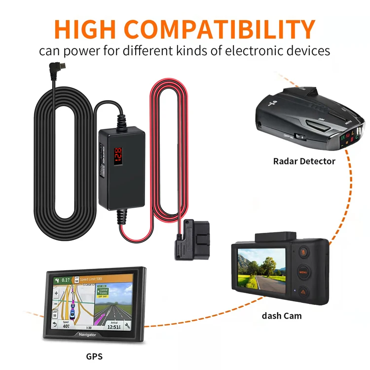 Universal Dash Cam Hardwire Power Cable with Low Voltage Protection, 10ft