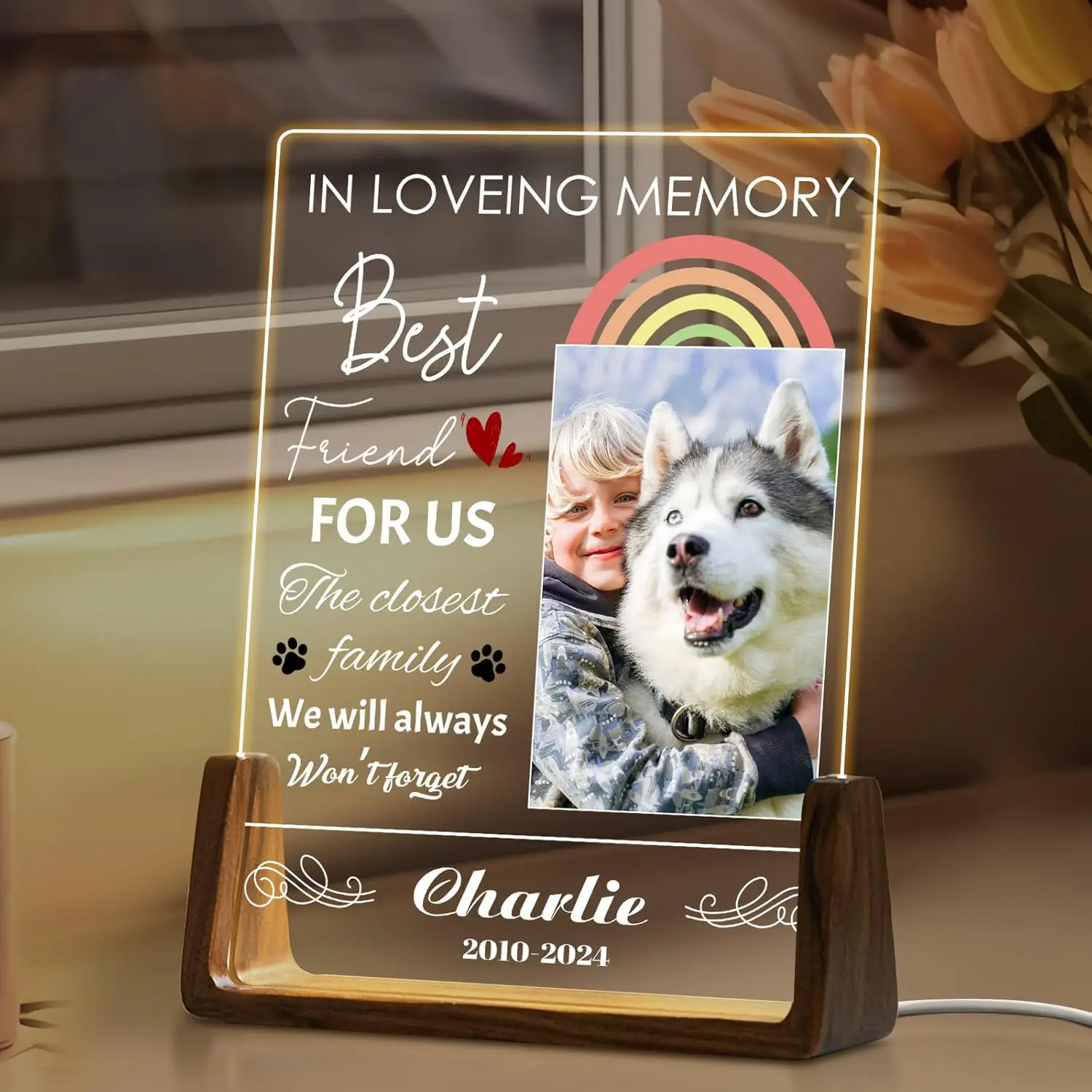Personalisiertes Haustier-Gedenk-Nachtlicht aus Acryl, individueller Fotname, graviertes Sympathie-Geschenk zum Verlust der Haustier-Erinnerungsdekoration – Detail 2