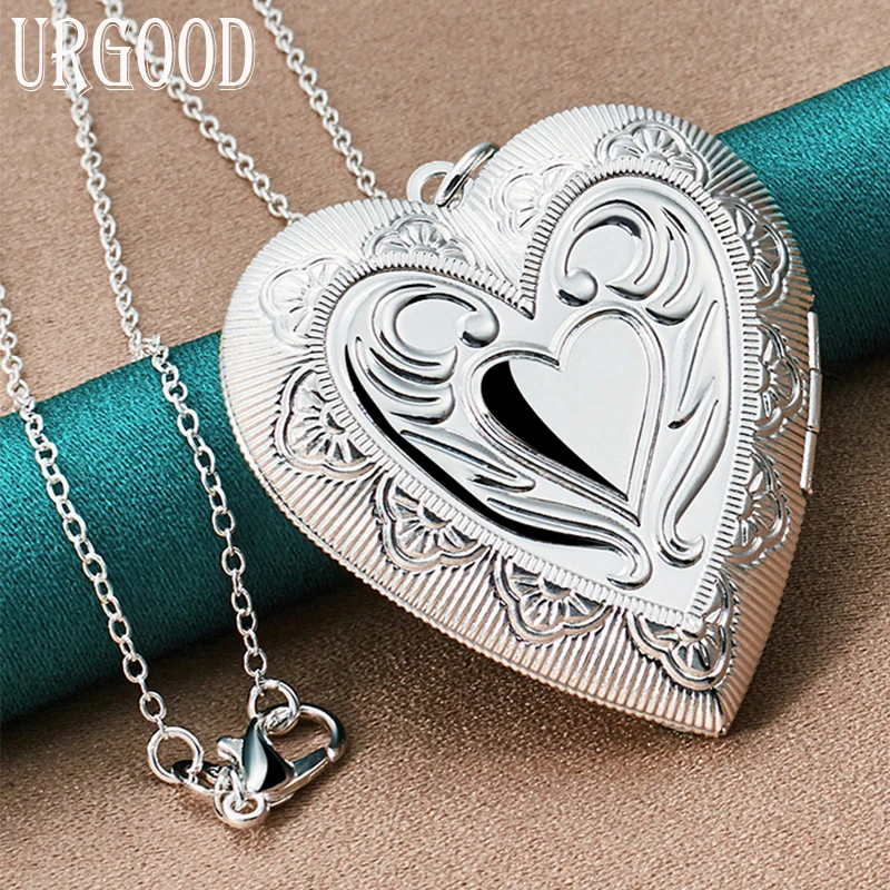 

925 Sterling Silver Big Heart Photo Frame Pendant Necklace 16-30 Inch Chain For Women Party Engagement Wedding Fashion Jewelry