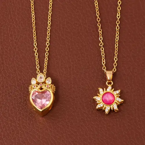 2PCS/Lot Anime Princess Long Hair Sun Crystal Crown Charm Necklace Rapunzel Rhinestone Girl Gift Pendant Chain Elegant Jewelry - Image 2