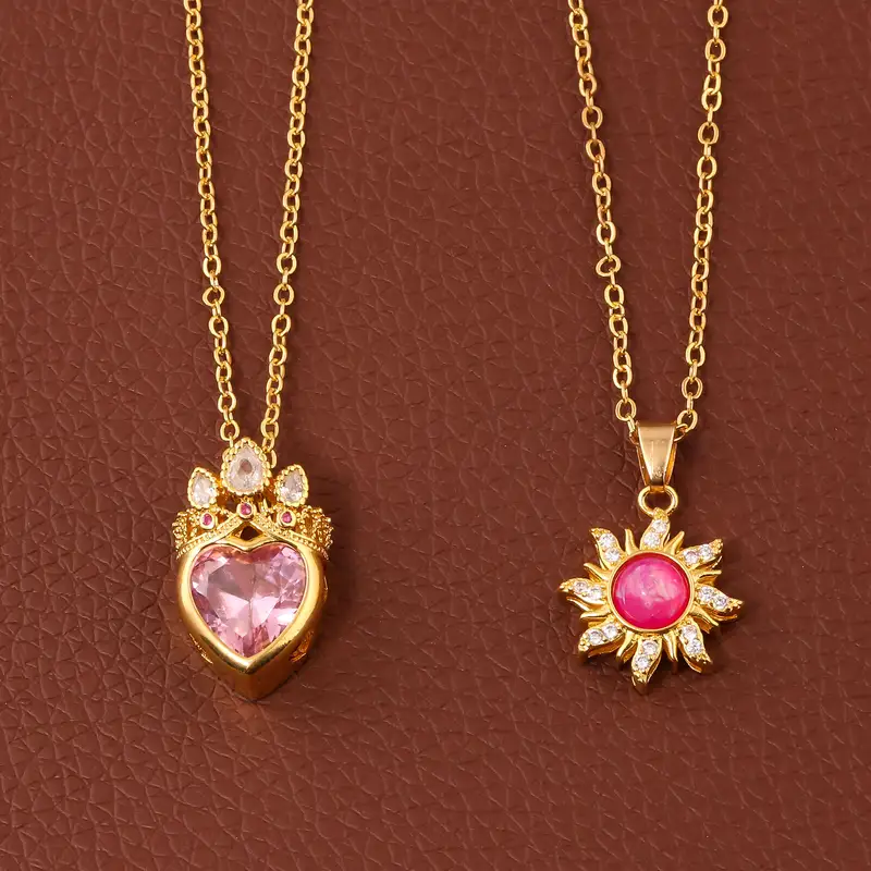 2PCS/Lot Anime Princess Long Hair Sun Crystal Crown Charm Necklace Rapunzel Rhinestone Girl Gift Pendant Chain Elegant Jewelry - Image 2
