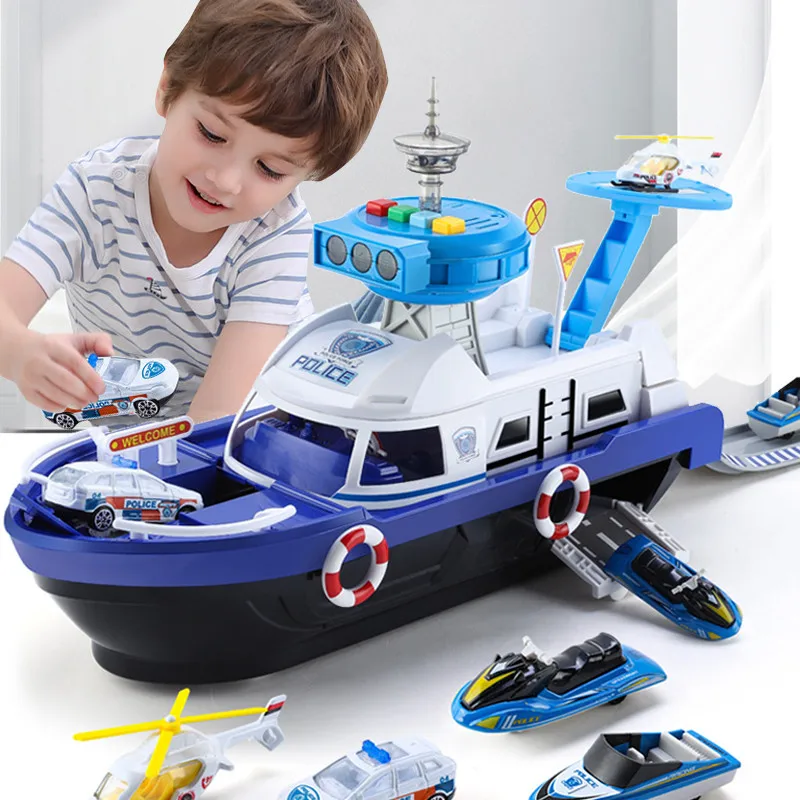 Big Size Music Boat Simulation Track Inertia Toy with 3 Cars and 1 Plane Story Lighting Ship Model Kids Early Educational Toy toys car simulation track inertia airplane model with music stroy light plane children s toy for boy kids montessori education