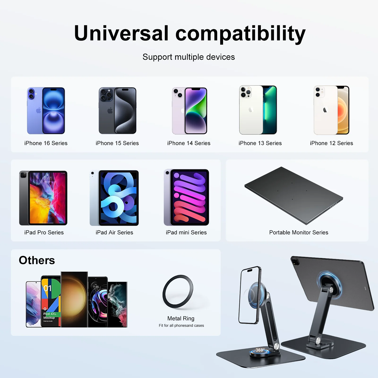 Black Magnetic Metal Stand 360° Rotatable Holder for Portable Monitor, iPad & iPhone Displays,  Stable 3KG Bracket 3