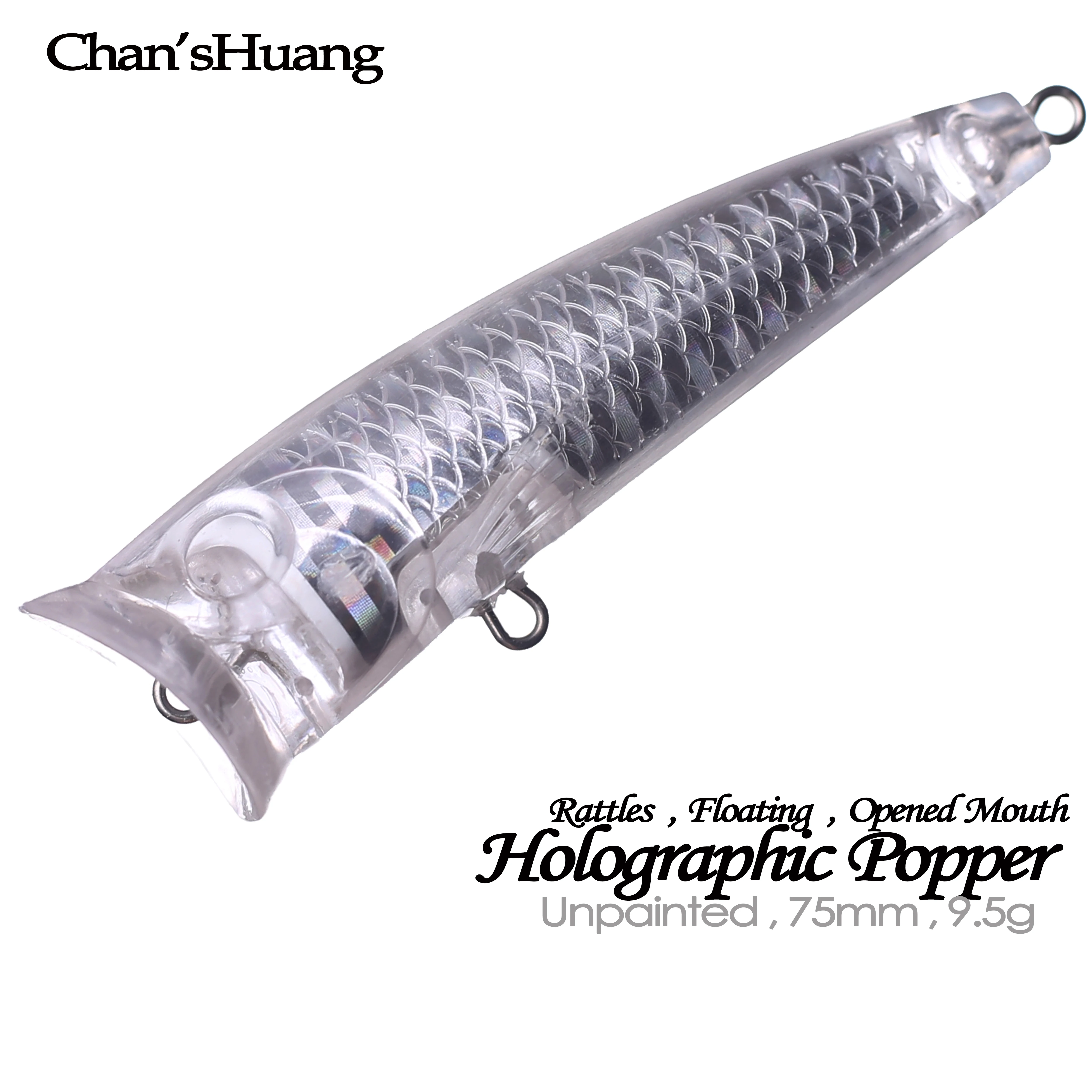 

Chan’sHuang 20PCS Unpainted Blanks Bait 7.5cm 9.5g Rattles Flaoting Holographic Popper DIY Handmade Artificial Fishing Lure