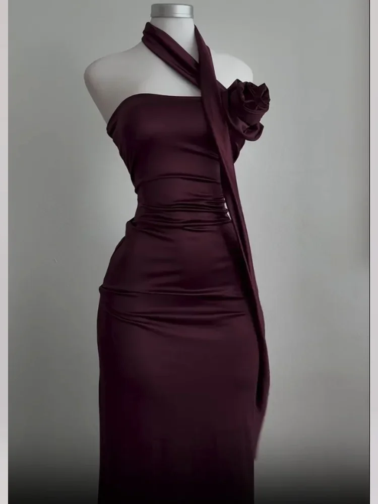 New Women's Sleeveless Bandeau Backless Solid Color Dress Summer Fashion Streamer Halterneck Long Skirt Party Evening Dress